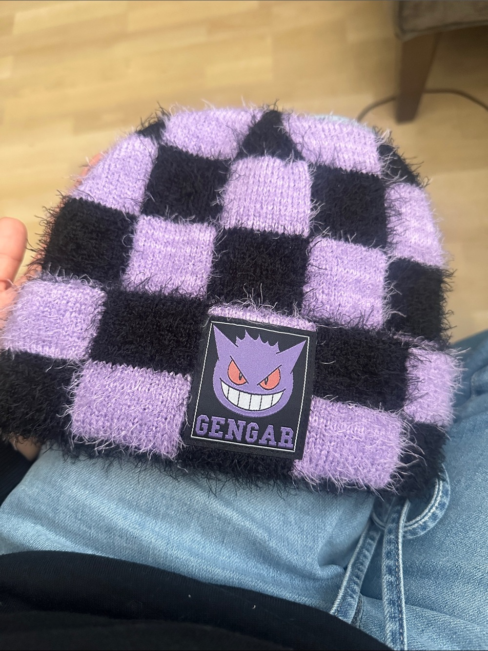 Unisex Checkerboard Gengar Beanie - Purple & Black